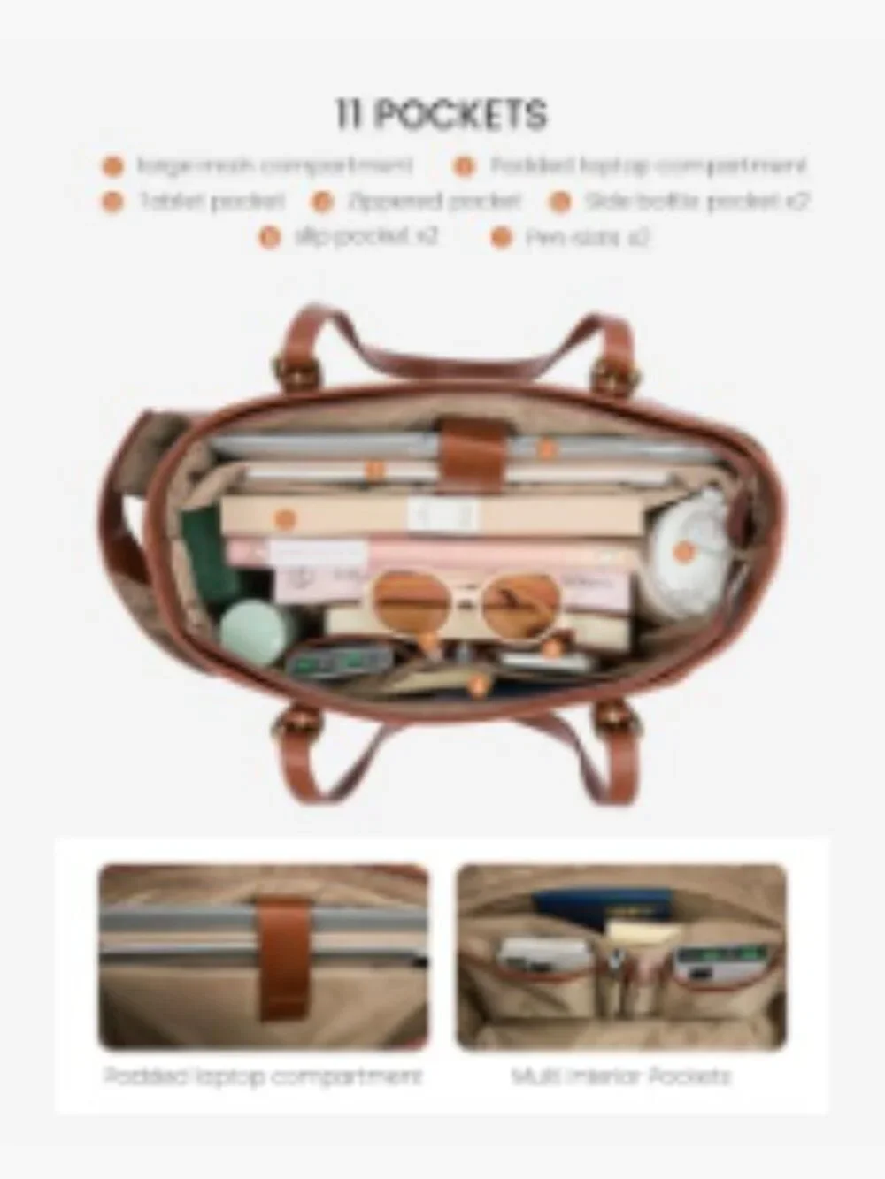 Vintage Leather Laptop Tote Bag for Women 15.6 Inch Work Bag with Water Bottle